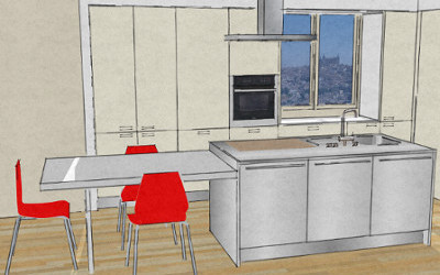 Cucina con isola e tavolo accostato