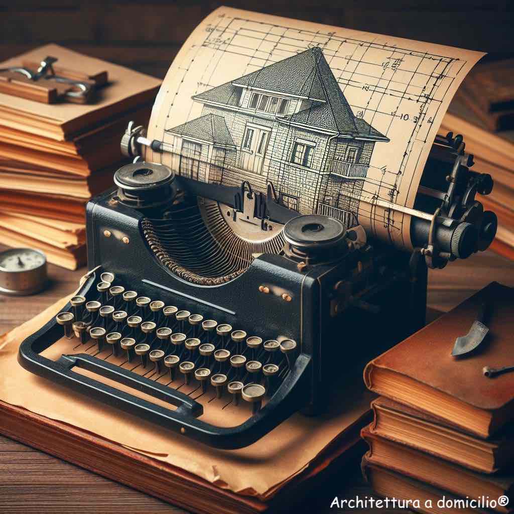 macchina da scrivere con un foglio in cui è disegnato il progetto di una casa: rappresenta il dizionario della casa