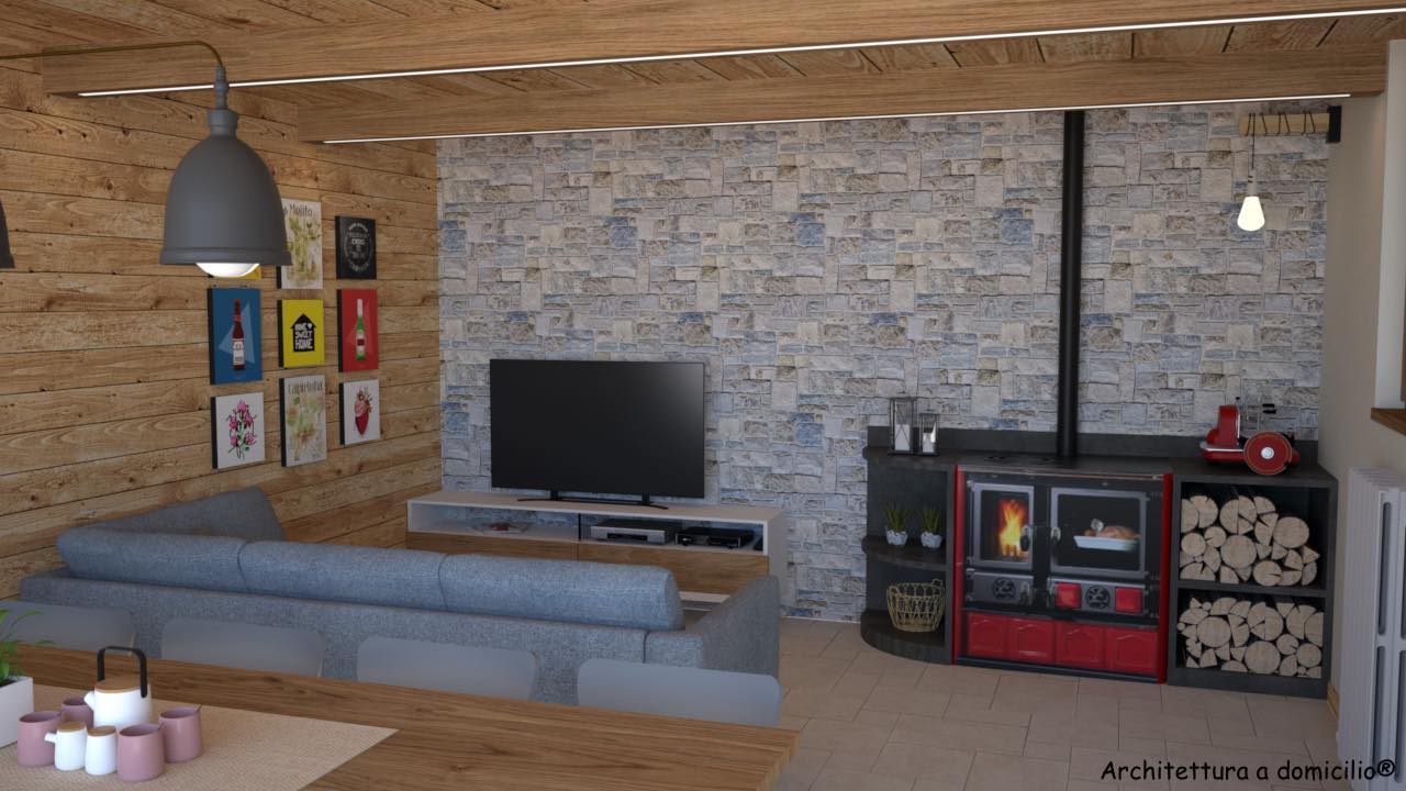immagine fotorealistica divano e cucina legna