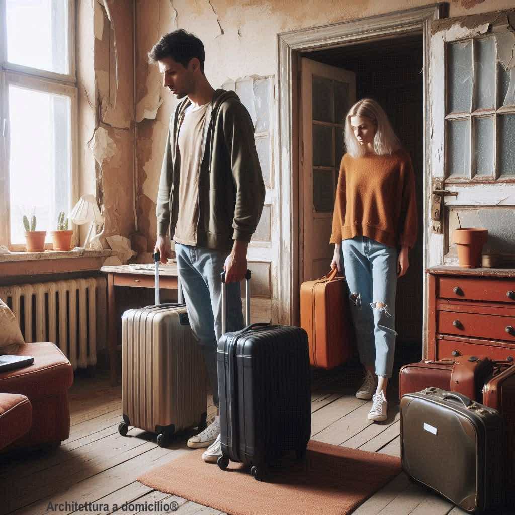 due persone che entrano con le valigie in un appartamento trascurato