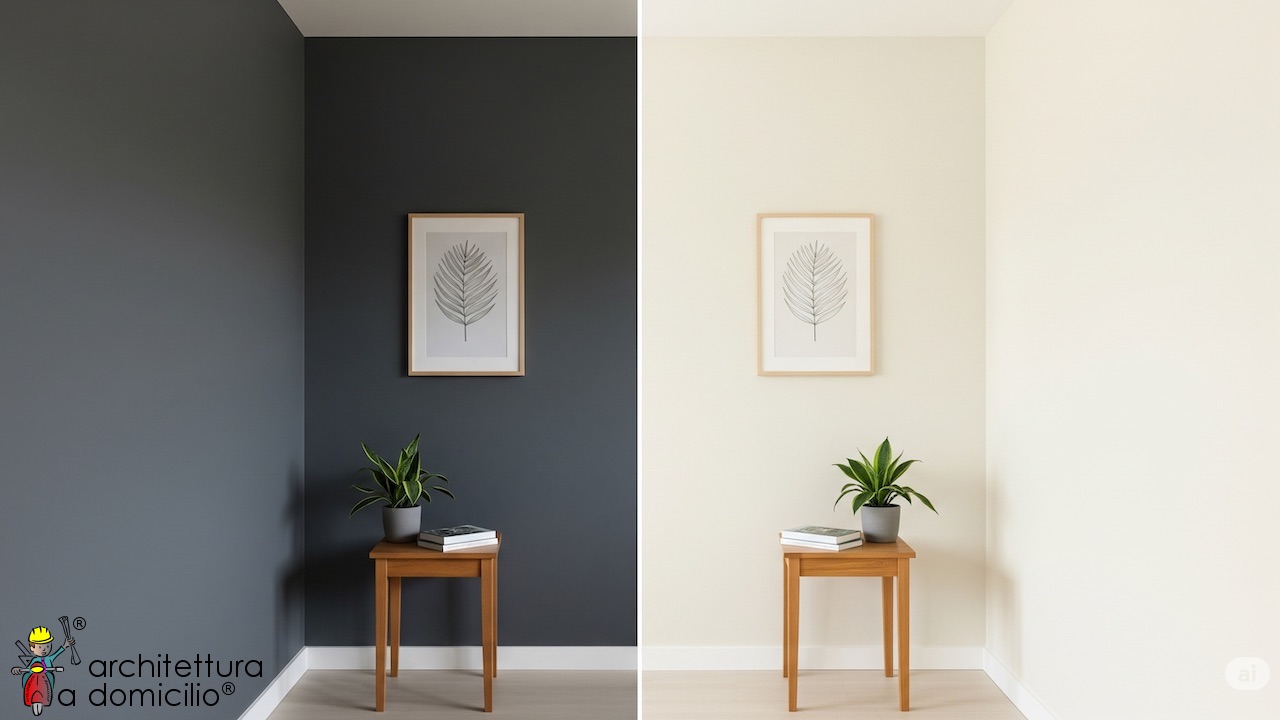 Effetto prima e dopo del colore su una parete: a sinistra un colore scuro rimpicciolisce la stanza, a destra un colore chiaro la fa sembrare più grande.